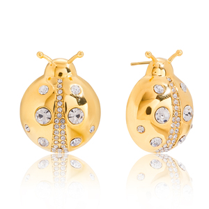 Orecchini a Perno J&D in Acciaio Inossidabile Placcato Oro 18K PVD Impermeabili Alla Moda Classici con Zirconi Bianchi a Forma di Coccinella - Product Image 6