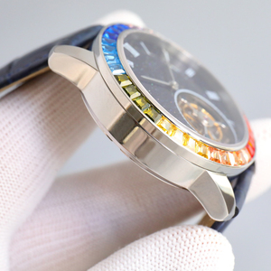 Montre mécanique vintage la plus vendue pour collectionneur, design classique noir avec incrustation de pierres précieuses colorées, véritable tourbillon lumineux - Product Image 4