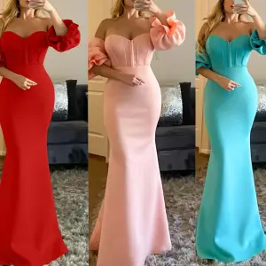 Yeni tasarım kapalı Shoudle seksi parti elbise uzun uzunluk fırfır kollu pileli Chic abiye