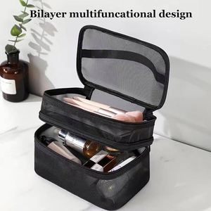 Sacs de beauté professionnels noirs personnalisés à la mode, petits sacs de rangement en cuir PVC avec fermeture éclair en maille, organiseur de maquillage tendance - Product Image 4