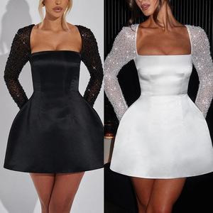 Summer New Sequined Long Sleeve Dress Casual Lace up Press Meeting Chest-Wrapped Women - Product Image 1