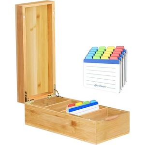 Organizador de tarjetas y recetas de madera para escritorio, tarjetero compartimentado con tapa abatible, soporte de madera maciza para documentos y notas - Product Image 1
