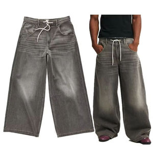 Latest Design Wide Leg Custom Baggy <b>Jeans</b> <b>Men</b> Stone Wash Streetwear Dark Grey Y2k <b>Jeans</b> <b>Drawstring</b> Fly Skating Denim <b>Men</b> <b>Jeans</b> - Product Image 1