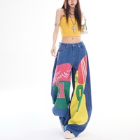 Jeans à jambes larges imprimés Y2K pour femmes, pantalon en denim patchwork ample, taille haute, streetwear multicolore, pantalon hip hop