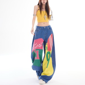 <span class=keywords><strong>Jeans</strong></span> a Gamba Larga con Stampa Grafica Y2K per Donne, Pantaloni in Denim Patchwork a Vita Alta, Streetwear Multicolore, Pantaloni Hip Hop - Product Image 4