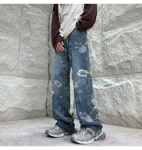 Patrones impresos personalizados Hip Hop Raw Edge Design Multi-Pocket Retro Loose Ripped Men's Work Jeans