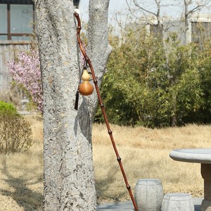 Bamboo Walking Stick With Gourd Decoration Anti Slip Outdoor Hiking Cane Collectible Ornament One Section Wood Tip - Product Image 3