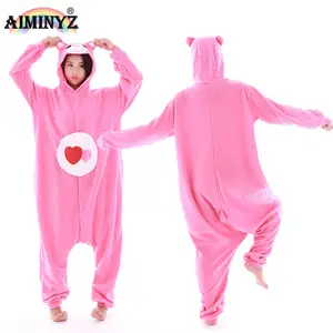 AIMINYZ grosir bulu Polar untuk hewan dewasa Onesie piyama nyaman kostum pakaian tidur piyama beruang cinta merah muda wanita
