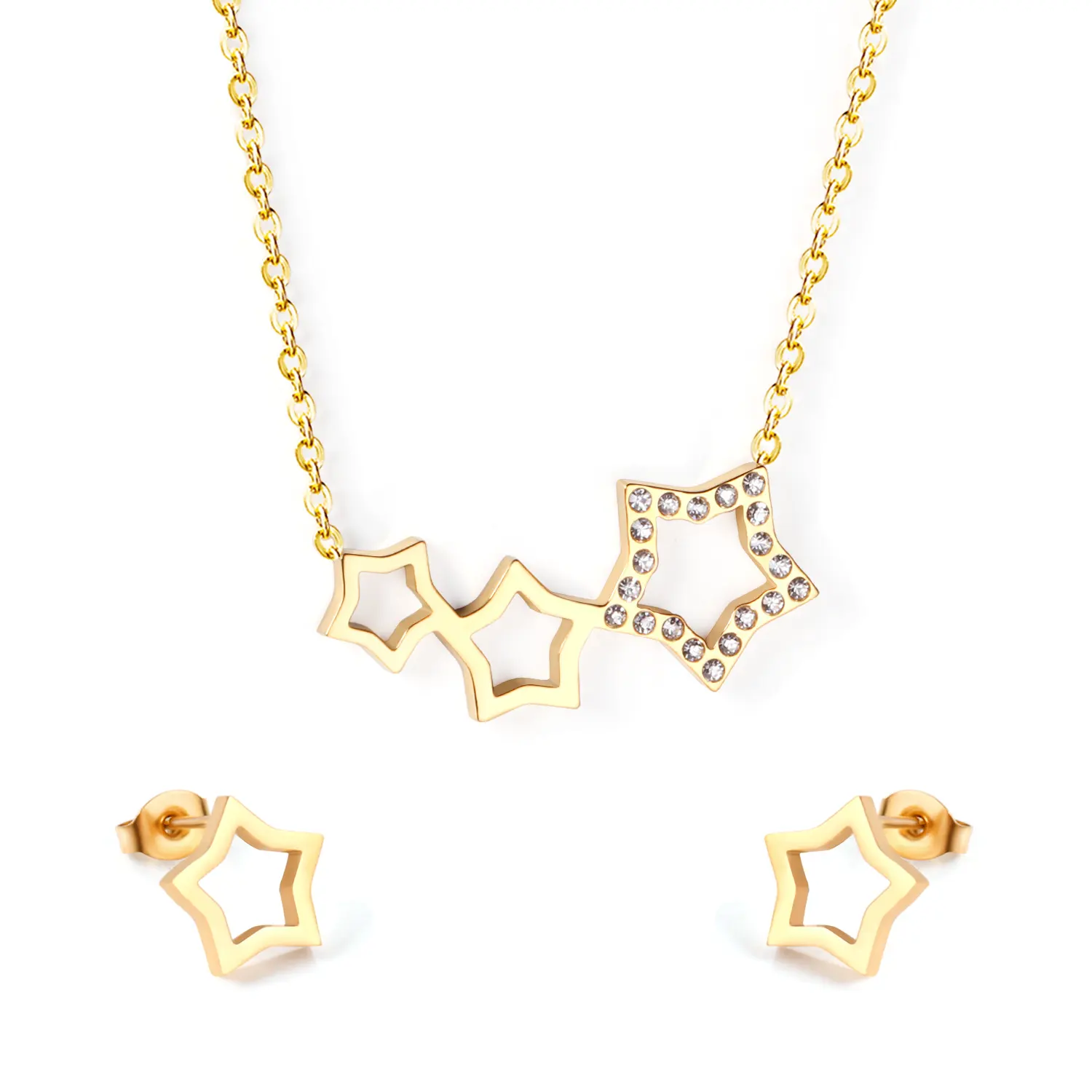 Conjunto de joyería brillante de acero inoxidable para mujer, conjunto de pendientes y collar de circón, Estrella chapada en oro