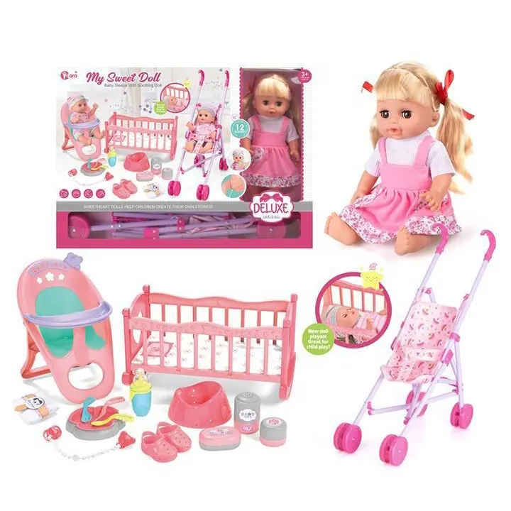 Samtoy Custom 3 IN 1 14 Inch 12 Sounds Viny Baby Silicone Reborn Dressing Girl Doll with Baby Stroller Bed and Other Accessories