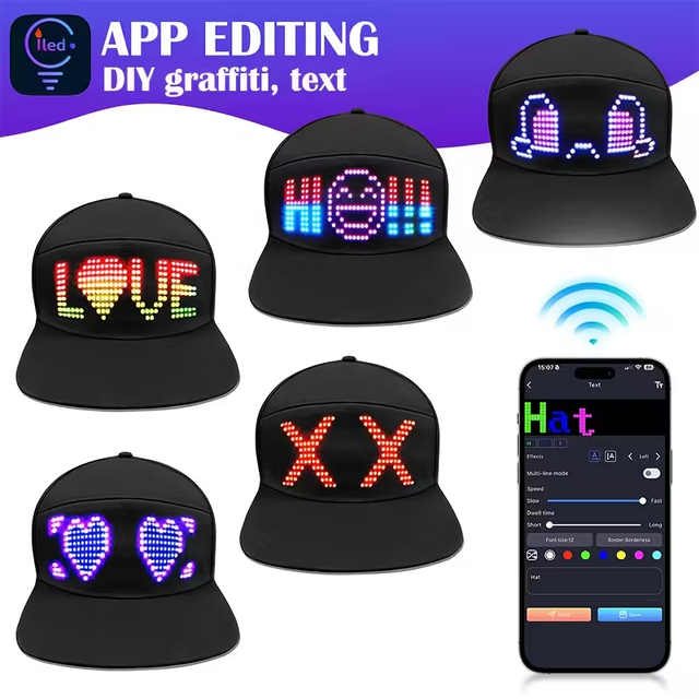 USB Charging App Programmable LED Message Hats Glowing Logo Baseball Cap Luminous Party Hat Light up Scrolling Display LED Caps