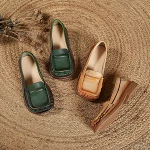 Latest custom retro office unique style genuine leather soft outsole walking for women ladies casual loafers flat sandals shoes