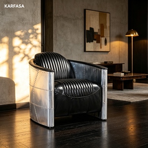 Divano Industriale Personalizzato KARFASA Modello 2046-1S con Dettagli Metallici, Realizzato a Mano, Stile Aviatore Vintage, Bracciolo <span class=keywords><strong>in</strong></span> Alluminio, Seduta Singola <span class=keywords><strong>in</strong></span> Vera <span class=keywords><strong>Pelle</strong></span> - Product Image 3