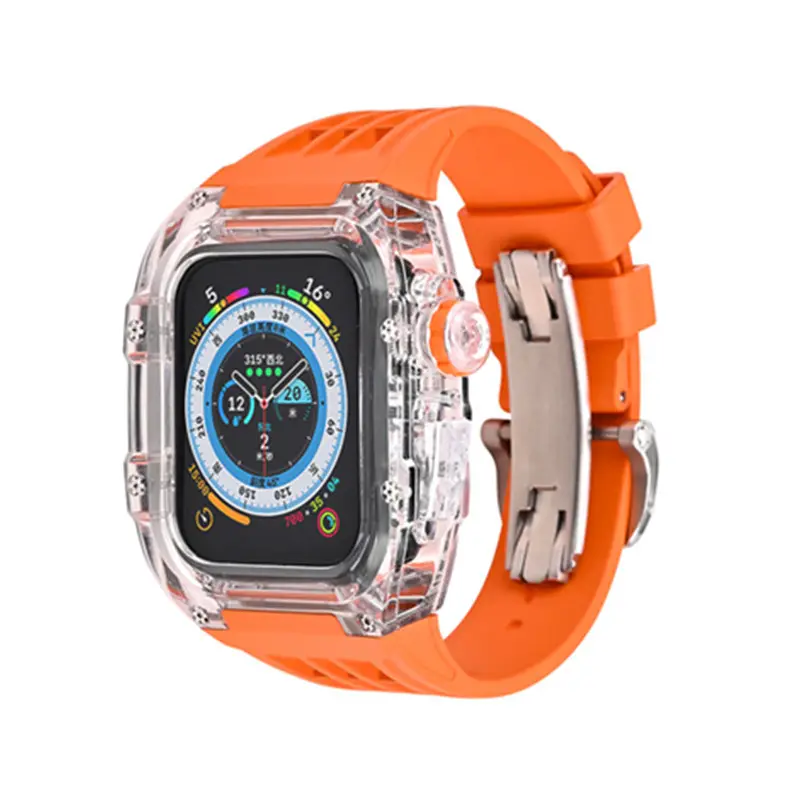 Luxury Fluororubber Strap with Transparent Full Cover Case Mod Kit Rubber Smart Watch Band For Apple Watch 8 Ultra 49mm