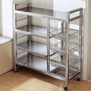 Chariot de rangement de cuisine en acier inoxydable à 5 niveaux, étagère mobile avec paniers en fil métallique pour fruits, légumes et ustensiles - Product Image 1