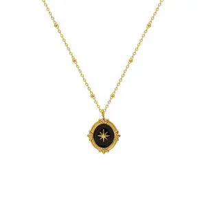 Vintage Bohemian Style Women Black Enamel Pendant Star Necklace Gold Plated Sunburst Pendant Necklace Stainless steel