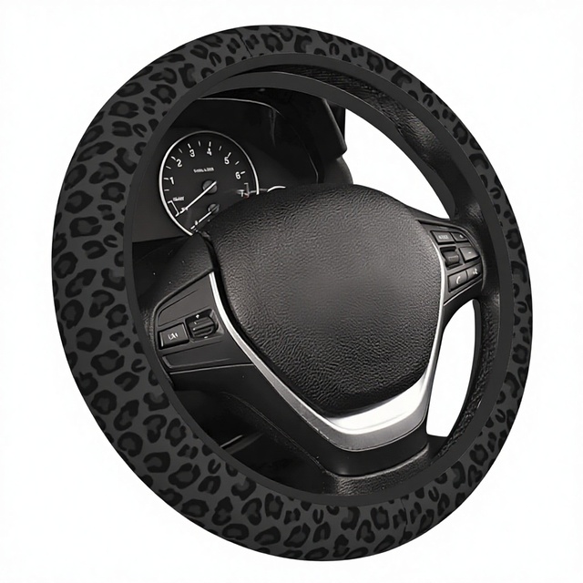 Black Leopard Print Neoprene Elastic Non-Slip Breathable Steering Wheel Cover OLIVER Fit 15 Inch Women's Car Accessories for