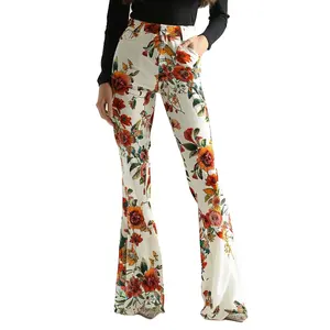 Customized Women's Summer Casual Comfortable Breathable Cotton Trousers Ladies Elegant All-Over Floral Printed Flared Pants