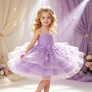 Abito da Cerimonia OEM con Applicazioni Floreali 3D, Cinturino di Perle, Gonna Voluminosa, Strass e Balze, Vestito da Principessa per Bambine - Product Image 2