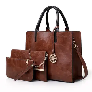 Wholesale Cheap Price Low MOQ PU Leather Ladies Purses 3pcs Set Large Capacity Casual Tote Handbag With Polyester Lining