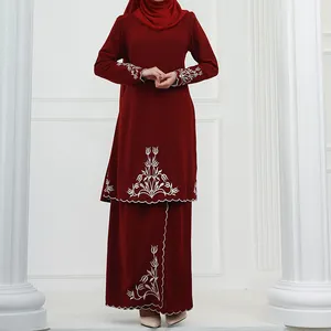 2023 Islamic Modest Clothing Malaysia Baju Kurung Solid Color 2 piece set Women Muslim Baju Kurung Bordir