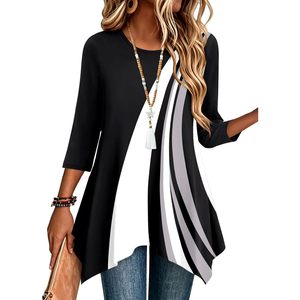 FOXA Women's 3/4 Sleeve <b>Asymmetrical</b> <b>Hem</b> Tunic Shirt Plus Size Loose Blouse Crew Neck Spliced Design Long <b>Top</b> for Casual Wear - Product Image 1