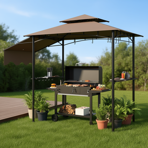 Outdoor Barbecue Grill Gazebo 8' X 5' Brown With <b>Side</b> Awning And Shelves Pavilion Style - Product Image 2