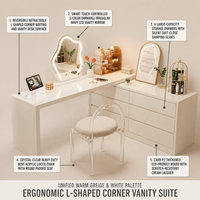 Coiffeuse d'angle en L, table de maquillage 2-en-1 avec commode, meuble de rangement moderne pour chambre principale
