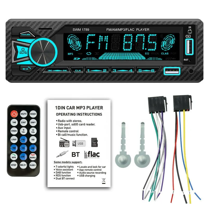 Универсальный автомобильный радиоприемник, аудио mp3-плеер SWM 1789, мультимедийный автомобильный стереоприемник, однодиновый ЖК-дисплей, BT, аудио, Aux-in, AM/FM-радио