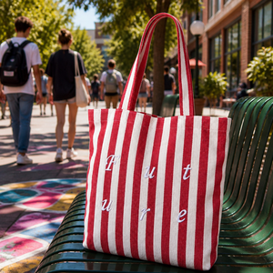 <span class=keywords><strong>Borsa</strong></span> Tote in Tela a Righe Rosse e Bianche con Ricamo '<span class=keywords><strong>Future</strong></span>', <span class=keywords><strong>Borsa</strong></span> a Tracolla per lo Shopping Quotidiano, Grande Capacità - Product Image 3