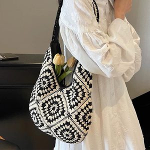 Main crochet grand femmes été sac à bandoulière fermeture ouverte fleur décoration mignon dame épaule Shopping sac de plage - Product Image 5