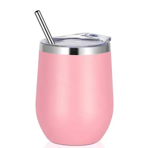 Pink Powder Insulated Wine Tumbler With Lid Stainless Steel Stemless Wine Glass Tumbler Cup 12oz Wine Tumbler With Lid And Straw