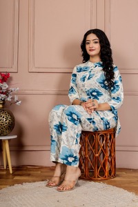 <b>Women</b> Blue Floral Printed Co Ord Set <b>Kurta</b> Pant Set with 3/4 Sleeves Button Neck Casual Ethnic Wear Summer Outfit - Product Image 4