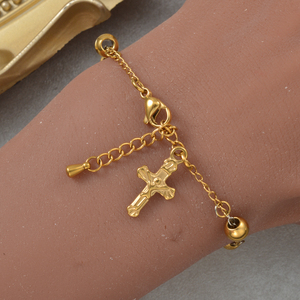 Pulsera de acero inoxidable italiano mate con cuentas y cruz de Jesús, ajustable, al por mayor, para mujer - Product Image 3