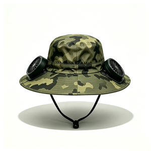 Unisex Camo Wide Brim Bucket <b>Hat</b> Dual <b>Cooling</b> Fans UPF50+ UV Protection Outdoor Fishing Hiking Windproof Chin Strap <b>Hat</b> - Product Image 2