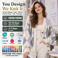 Cardigan en tricot Argyle pour femme, col en V oversize, boutonné, manches longues, automne-hiver, décontracté, tricoté sur mesure