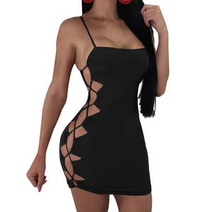 New Women Hollow Out Lace Up Spaghetti Strap Sleeveless Short Tight Sexy Mini Dress