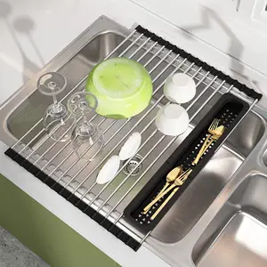 Estante de secado de platos para fregadero, estante de secado enrollable para fregadero interior, escurridores de platos de acero inoxidable 304 expandibles para mostrador de cocina - Product Image 1
