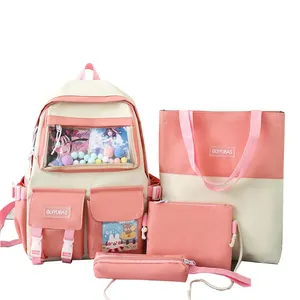 High Quality Pink Canvas Student Backpack Set 5 In 1 School Bags Kids Backpacks For School Children