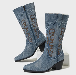 Brand New Retro Denim Blue Cowboy Women Shoes Chunky High Heels 42 <b>on</b> Calf Cowgirls <b>Boots</b> - Product Image 5