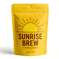 Sachet de café personnalisé imprimé jaune mat, refermable avec fermeture éclair, à fond à soufflet et à encoche de déchirement, vente en gros, sac vide