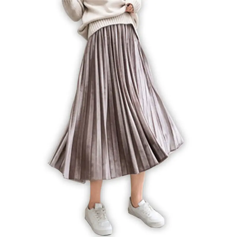 Vintage Women Long Metallic Silver Maxi Pleated Skirt Midi Skirt High Waist Casual Party Skirt