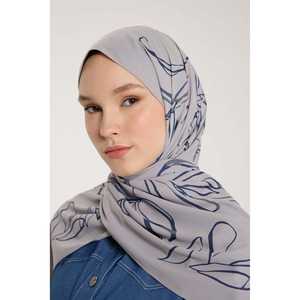 Pure Tone Hijab Leaf Pattern Soft Grey Navy <b>Chiffon</b> Women Islamic <b>Scarf</b> Skin Friendly Digital Print - Product Image 1