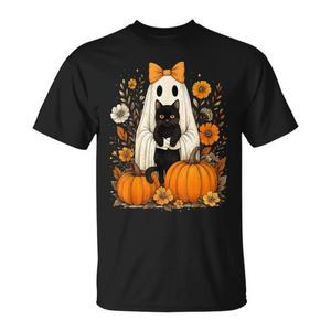 Camiseta Vintage de Halloween con Fantasma Sosteniendo Gato Negro y Diseño Floral, Talla Mediana, Diseño Otoñal, Unisex, Cuello Redondo, Manga Corta, Impresión Digital - Product Image 1