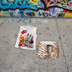 Ensemble deux pièces rétro style streetwear américain pour femme : haut sans manches à col rond imprimé + short <span class=keywords><strong>en</strong></span> <span class=keywords><strong>jean</strong></span> à lacets imprimé animal - Product Image 2