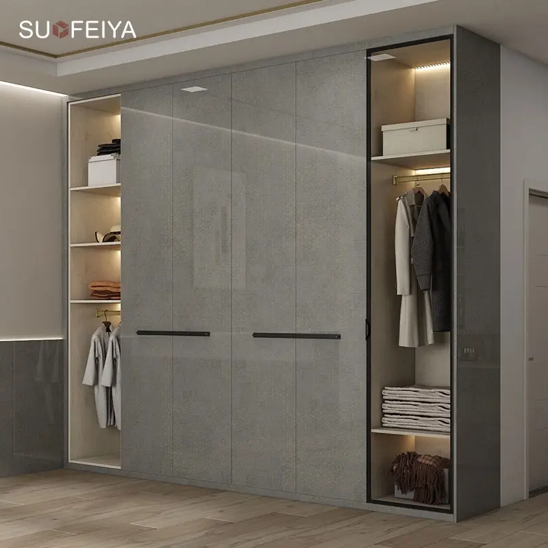 Suofeiya Fashion Style Bedroom Furnitures Modern Grey High Gloss Wardrobe With TV Cabinet
