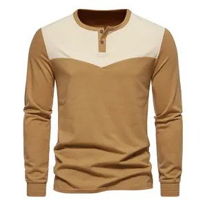 Мужская Осенняя футболка большого размера Свободный Тонкий пуловер с круглым вырезом Мужская рубашка с 2 пуговицами с длинным рукавом