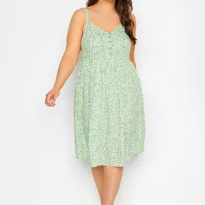 定制绿色无袖舒适女性夏季性感休闲Ditsy碎花系带太阳裙