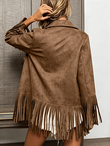 Women Western Polyester Turn-down Collar Tassel <b>Fringe</b> Blazer <b>Jacket</b> Single Button Plus Size Autumn Outerwear - Product Image 3