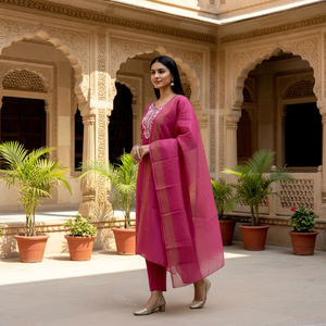 Conjunto de Kurta y Pantalón para Mujer, Tejido Floral de Rayón, Bordado, con Dupatta Estampada en Jacquard |   Ropa Étnica India de Primera Calidad - Product Image 1